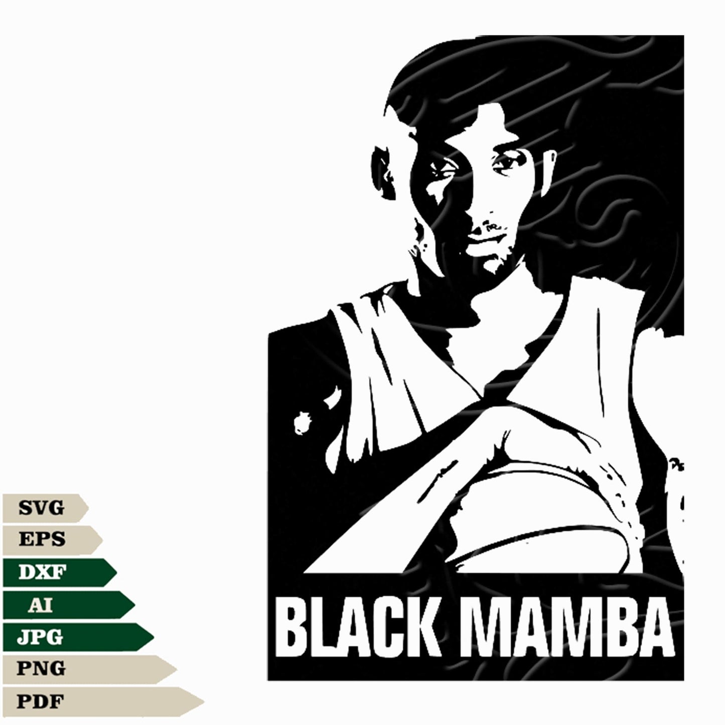 Design a tribute to Kobe Bryant with this Black Mamba SVG File. Featuring Kobe Bryant Svg Design, Kobe Bryant Face PNG, and Kobe Bryant Vector Graphics, this file can be used for a tattoo or Cricut projects. Show your love for Kobe with this design.