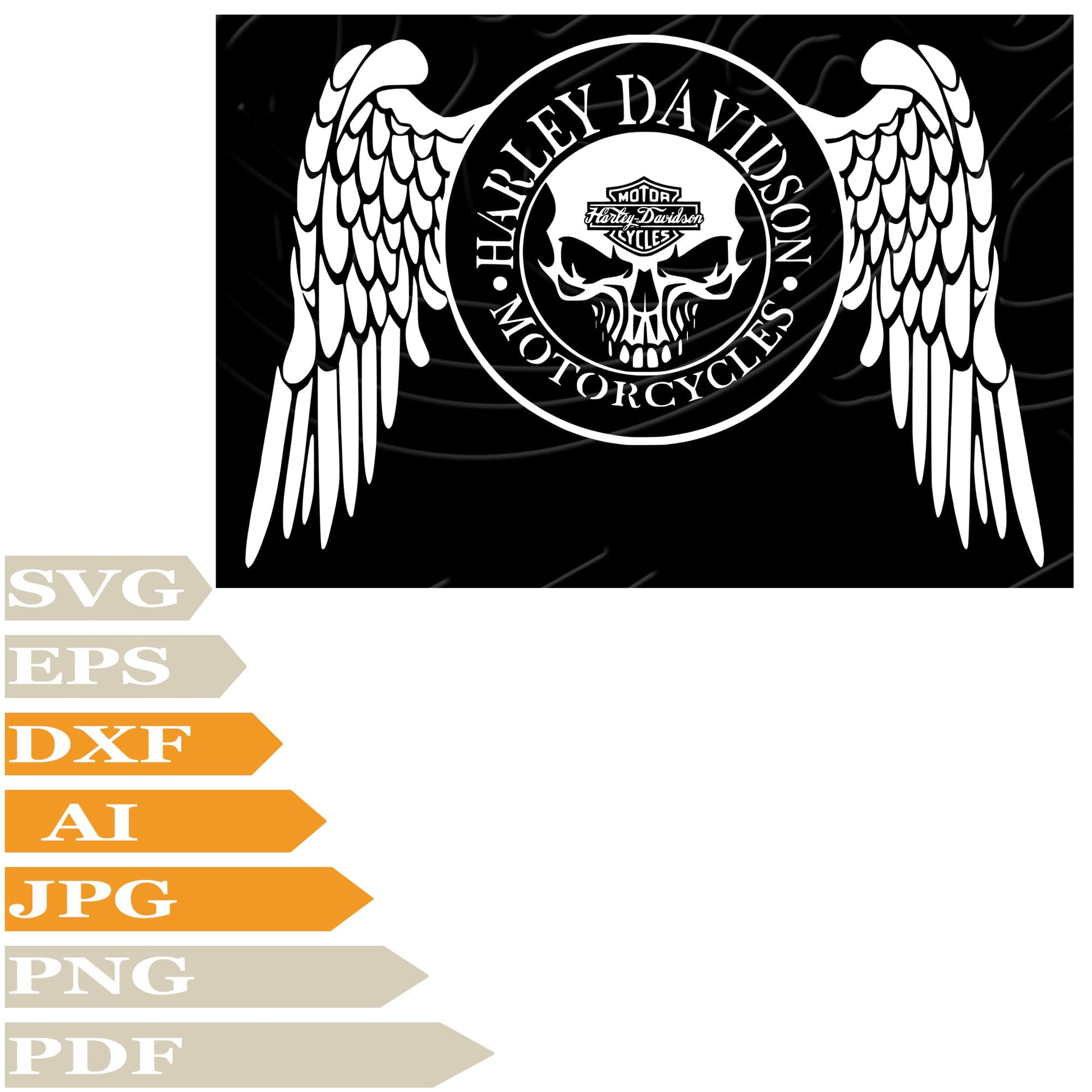 Harley Davidson Logo ﻿SVG-Angel Wings Harley Davidson Personalized SVG-Skull Harley Davidson Logo Drawing SVG-Harley Davidson Logo Vector Illustration-PNG-Decal-Cricut-Digital Files-Clip Art-Cut File-For Shirts-Silhouette