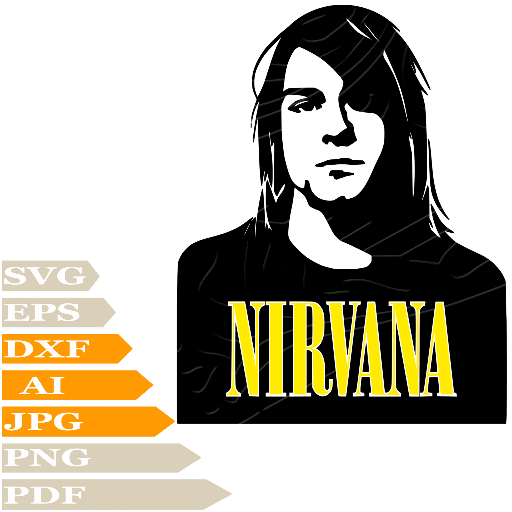 Kurt Cobain SVG File, Kurt Cobain Face SVG Design, Kurt Cobain Nirvana SVG Cricut, Kurt Cobain Digital Vector, PNG, Image Cut, Clipart, Cut File, Print, Decal, Shirt, Silhouette