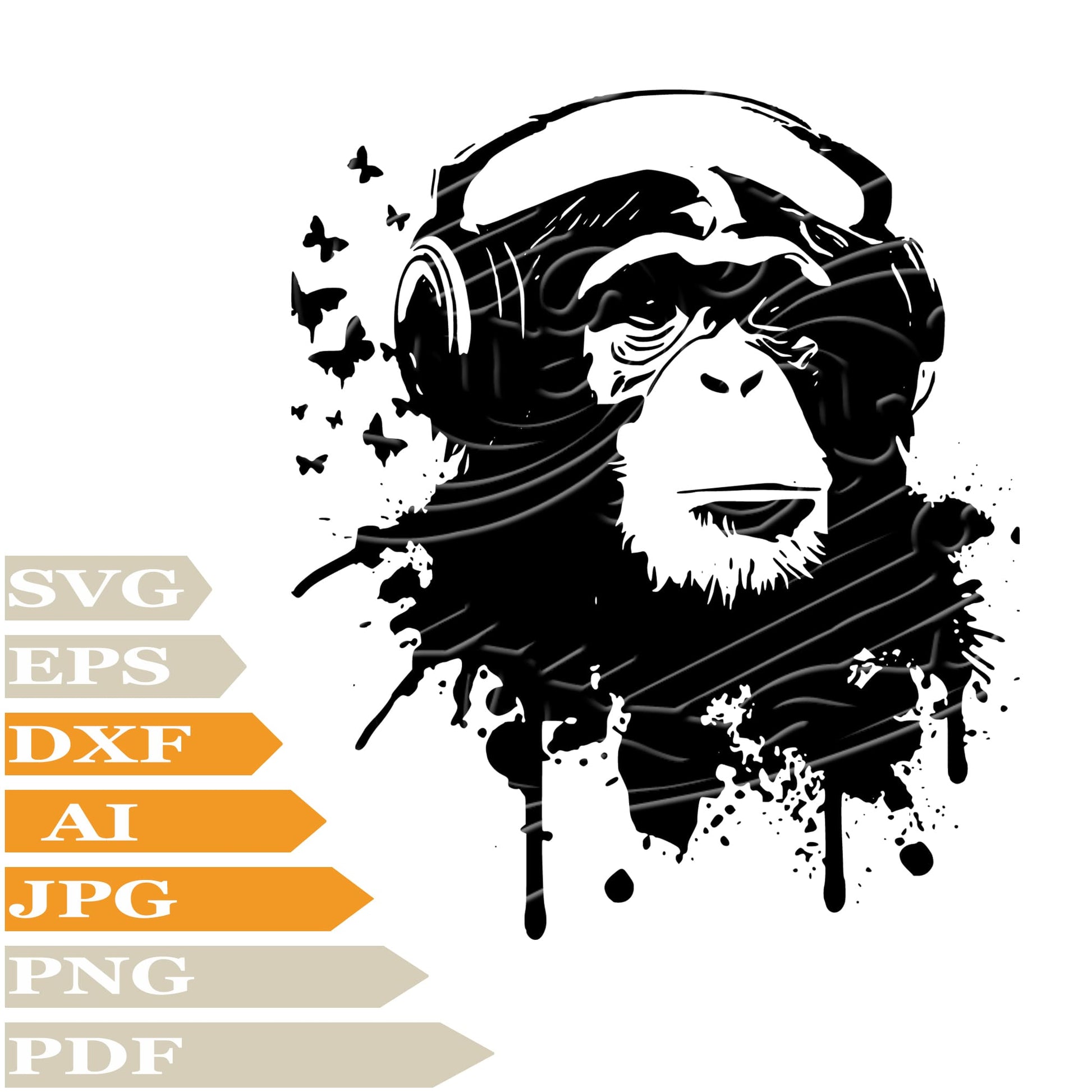 Monkey, Monkey With Headphones Svg File, Image Cut, Png, For Tattoo, Silhouette, Digital Vector Download, Cut File, Clipart, For Cricut