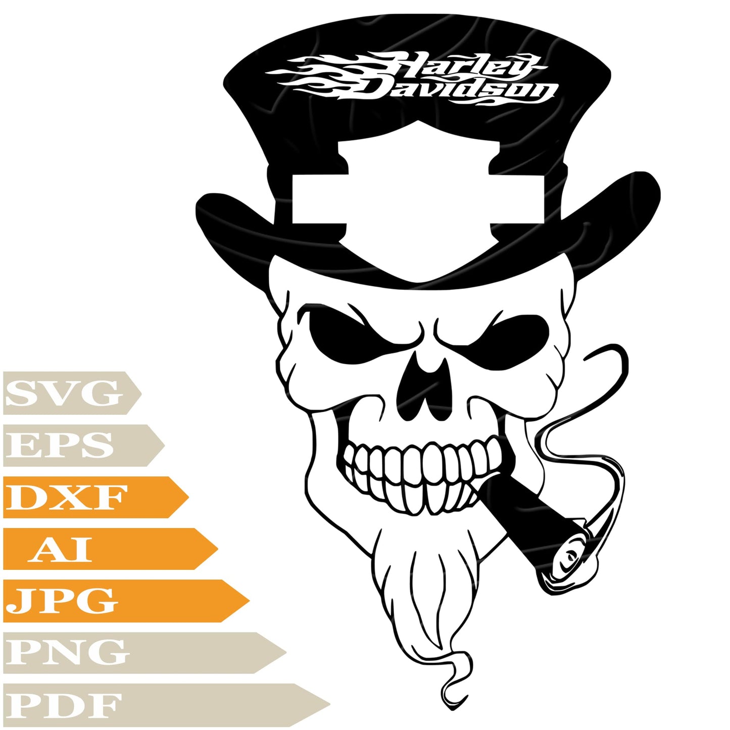 Skull ﻿Harley Davidson SVG, Skull In Hat SVG Design, Harley Davidson Logo PNG, Harley Davidson Logo Vector Graphics, Harley Logo For Cricut, Digital Instant Download, Clip Art, Cut File, T-Shirts, Silhouette